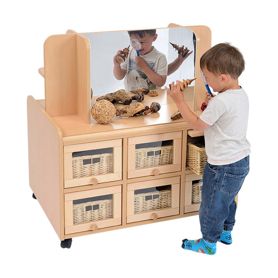 Double Sided Resource Unit With Doors On One Side & Storage/Mirror & Shallow Trays or Baskets
