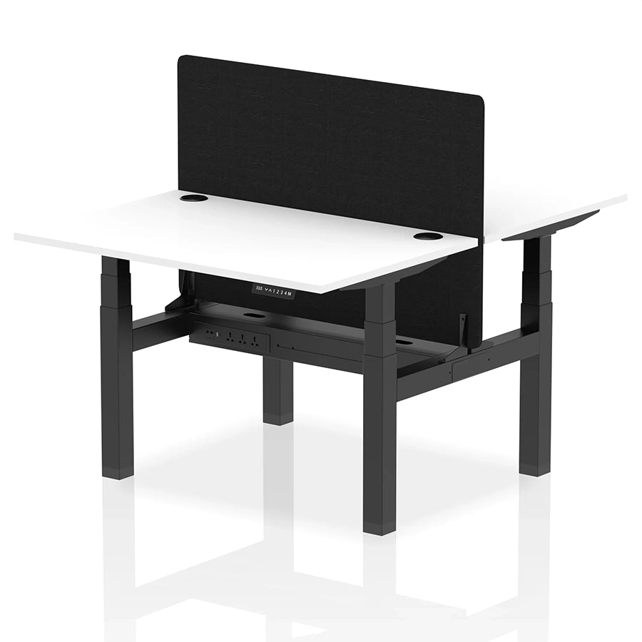 Air Back-to-Back Height Adjustable Bench Desk - 2 Person with Black Straight Screen W1200mm white top and black frame
