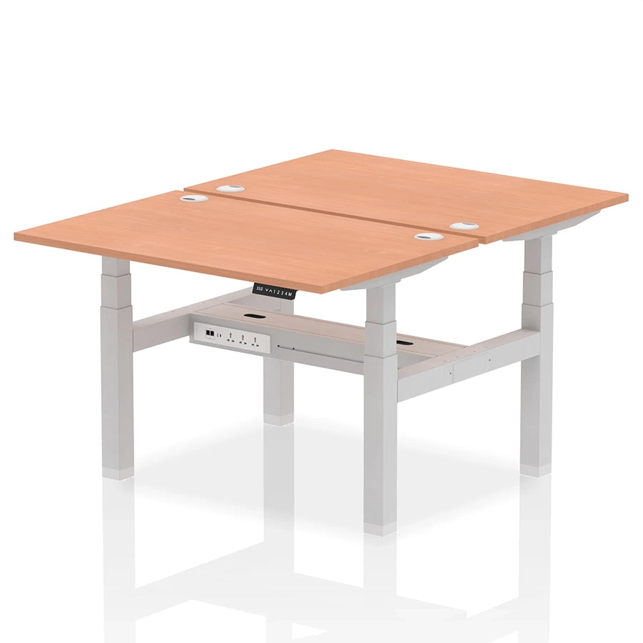 Air Back-to-Back Height Adjustable Bench Desk - 2 Person with cable ports W1200mm beech top with silver frame