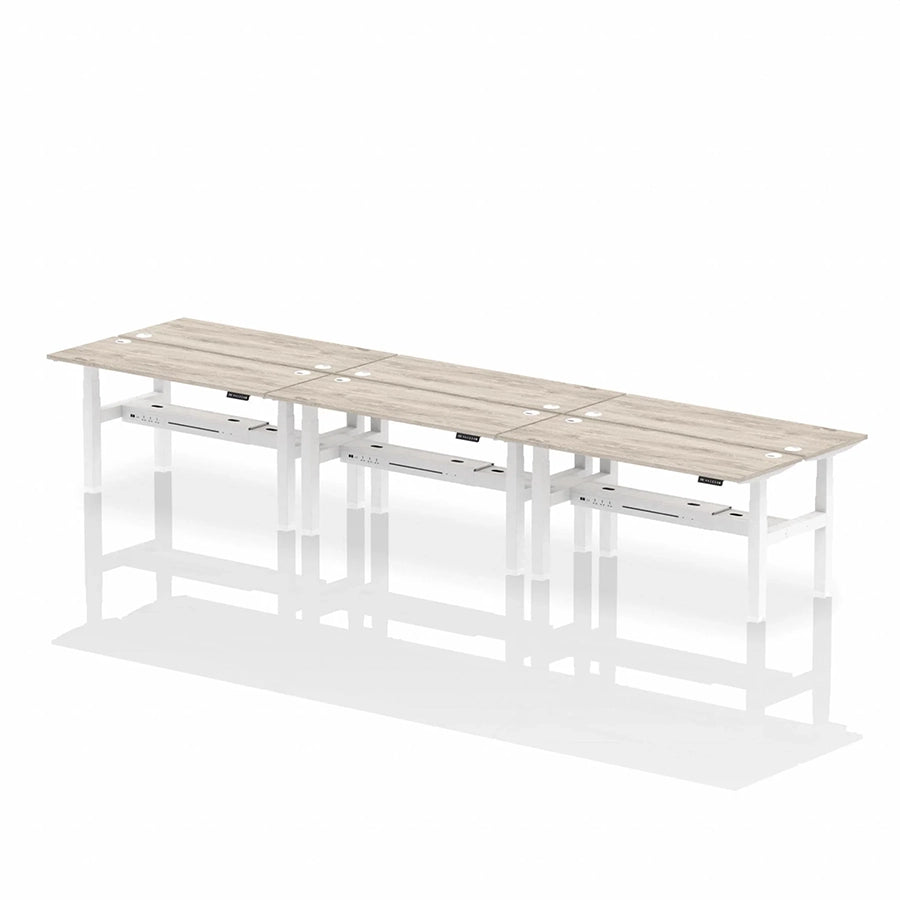 Air Back-to-Back Height Adjustable Bench Desk - 6 Person with cable ports W1600mm grey oak top with white frame