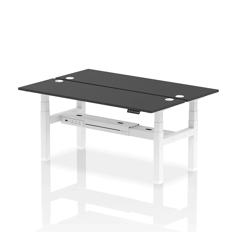 Air Back-to-Back Slimline Height Adjustable Bench Desk - 2 Person with cable ports W1800mm black top with white frame