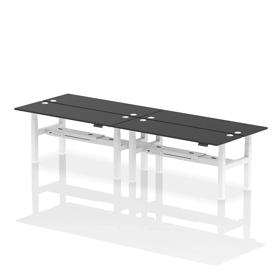 Air Back-to-Back Slimline Height Adjustable Bench Desk - 4 Person with cable ports W1800mm black top with white frame