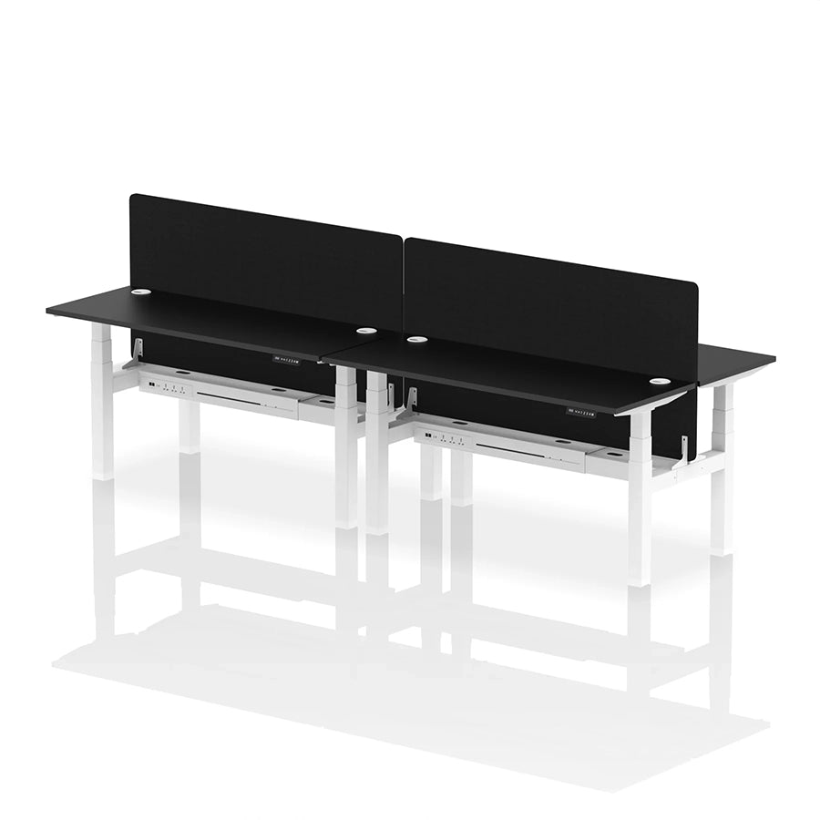 Air Back-to-Back Slimline Height Adjustable Bench Desk - 4 Person with cable ports and black straight screen W1600mm black top with white frame