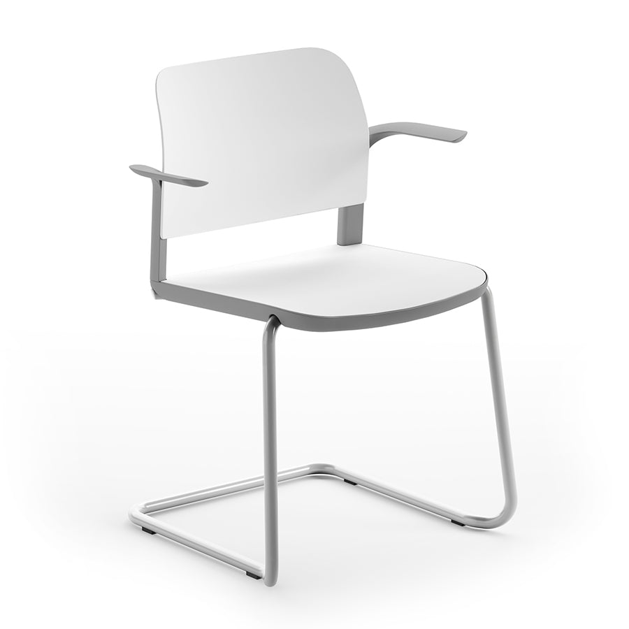 Ciao Stackable Chair Cantilever Frame with Open Arms Chalk White seat and back and Ice Grey frame