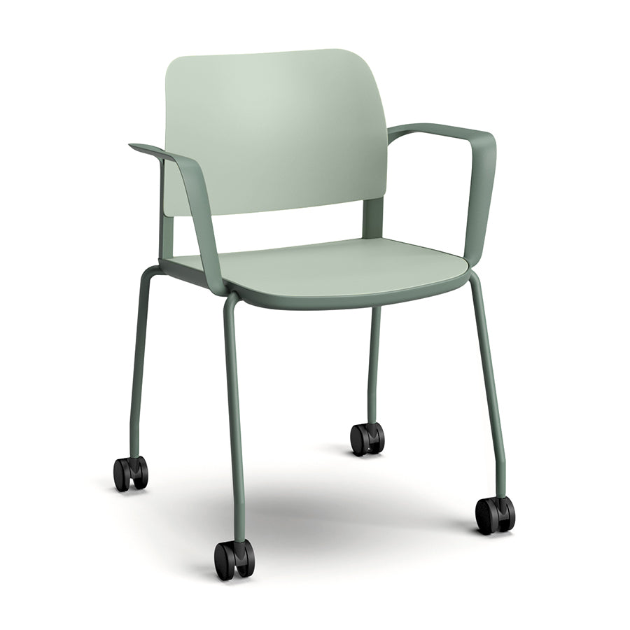 Ciao Stackable Chair with Loop Arms and Castors in Sage green seat and back and Cactus green frame and support