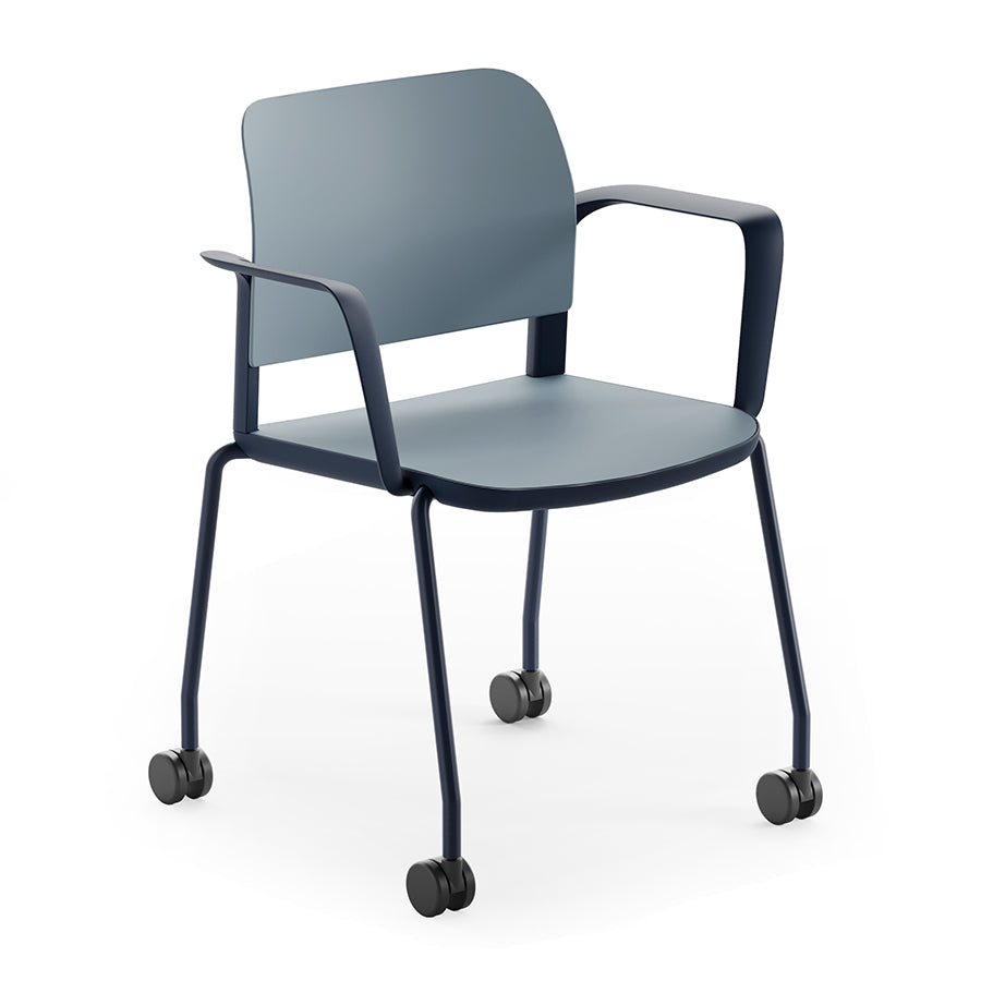Ciao Stackable Chair with Loop Arms and Castors in Slate Blue seat and back and Space Blue frame and support