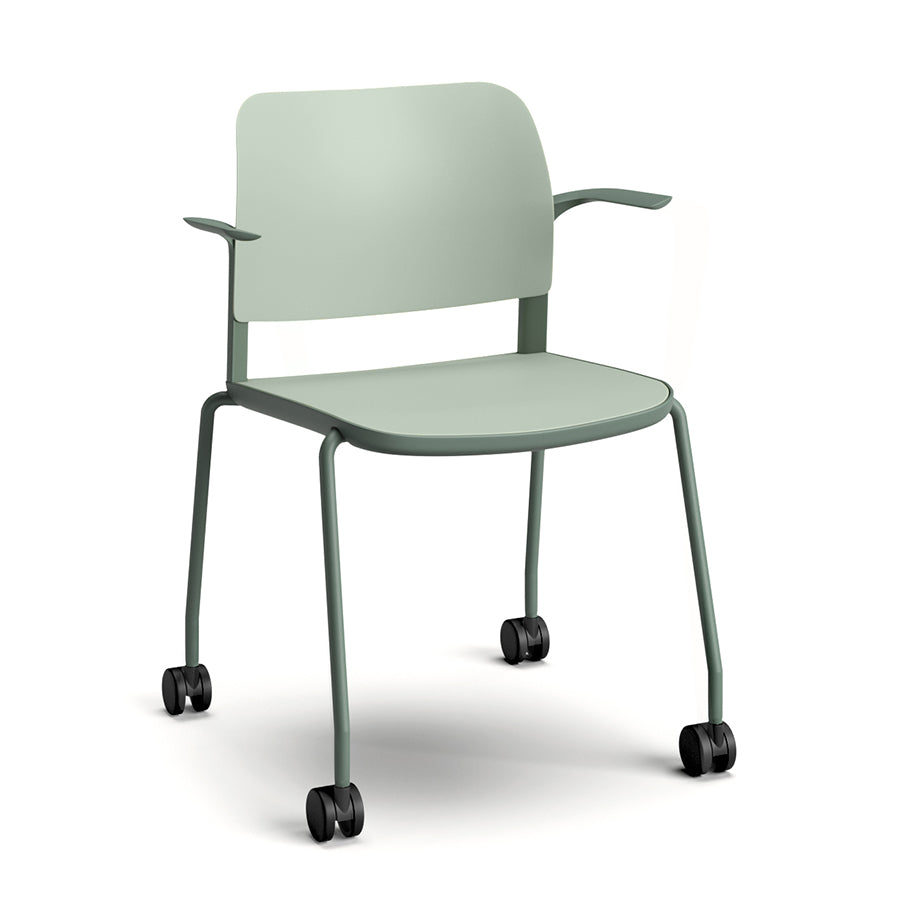 Ciao Stackable Chair with Open Arms and Castors in Sage green seat and back and Cactus green frame and support