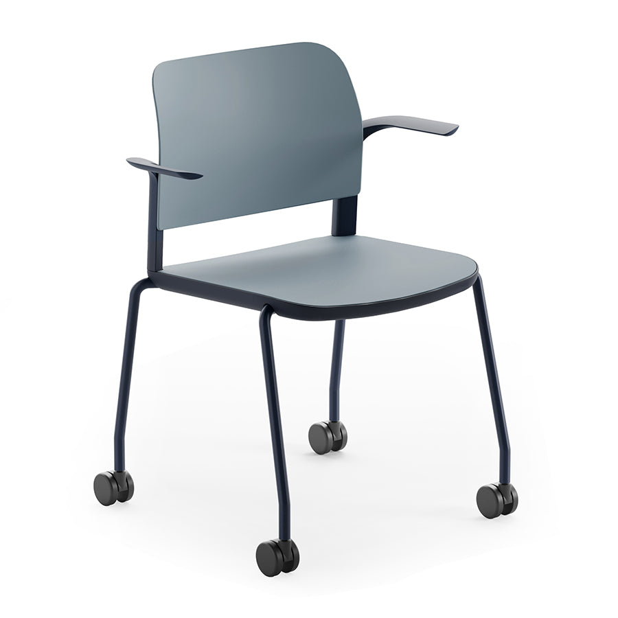 Ciao Stackable Chair with Open Arms and Castors in Slate Blue seat and back and Space Blue frame and support
