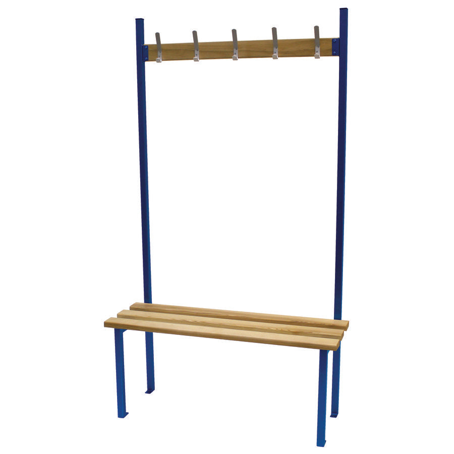 Classic Solo Bench Floor Single Sided Fixed Cloakroom bench Blue with Wood Top and 5 Hooks W1000xD390xH1750mm