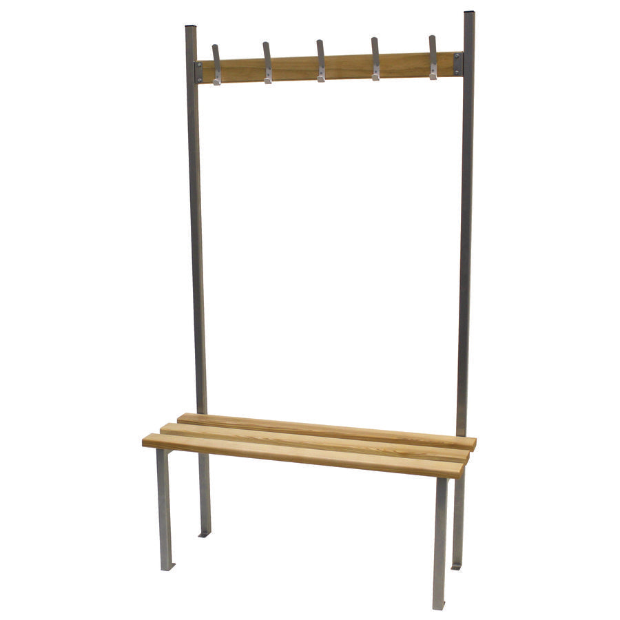 Classic Solo Bench Floor Single Sided Fixed Cloakroom bench Silver with Wood Top and 5 Hooks W1000xD390xH1750mm
