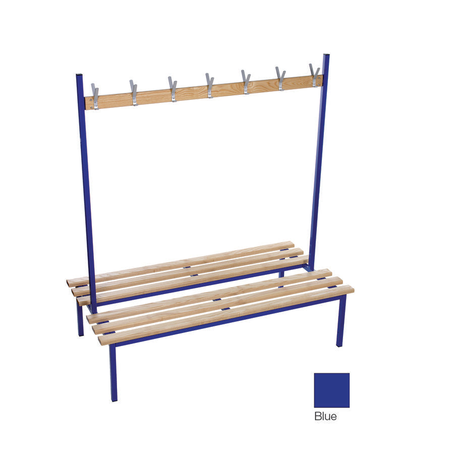 Evolve Duo Bench Floor Double Sided Freestanding Cloakroom bench Blue with Wood Top and 14 Hooks W1500xD800xH1750mm