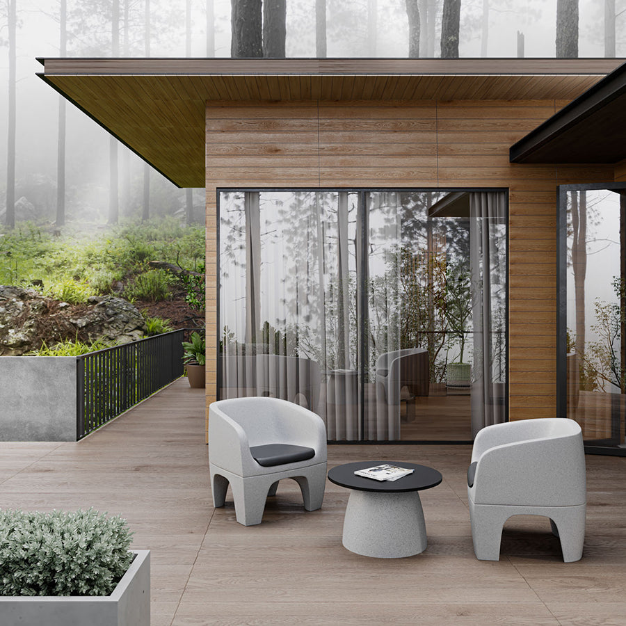 Gummy Bear Moulded Leg Outdoor Chair Grey Melange with Seat Pad and Gummy Bear Single Table Grey Melange Lifestyle Image 2