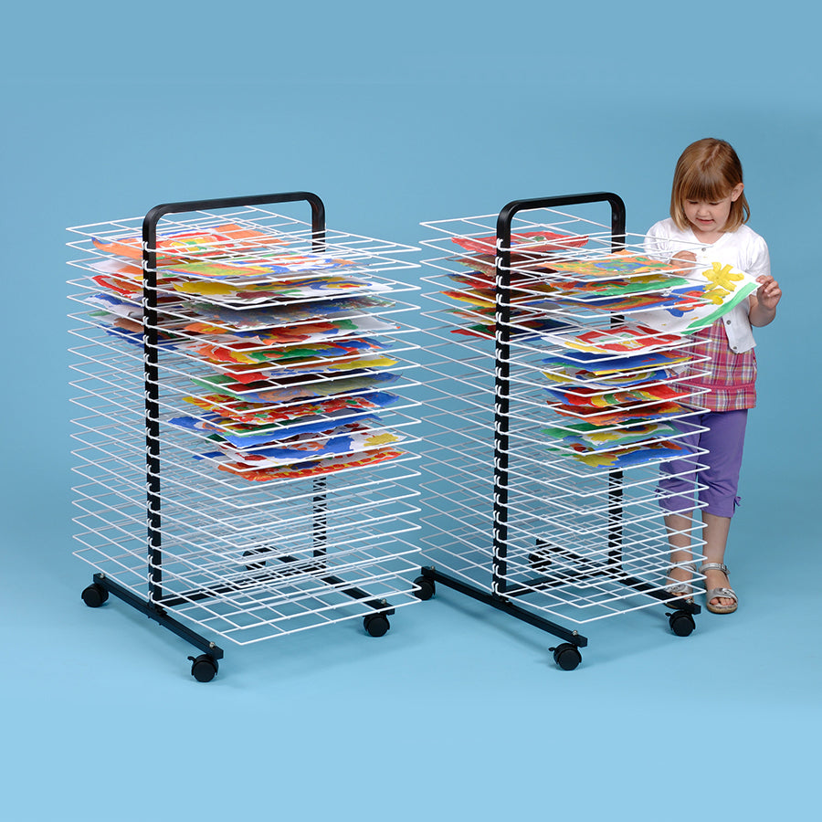 MD30134 Large A2 and MD30135 Small A3 Mobile Art Drying Rack 40 Shelf with artwork and girl