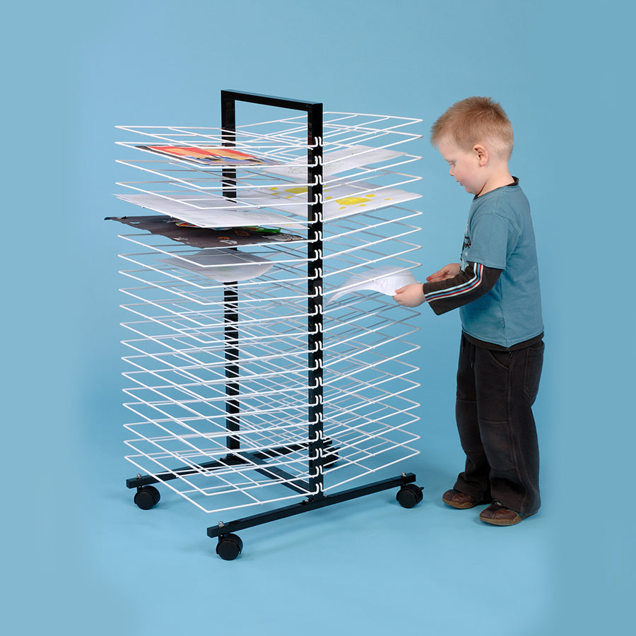MD30135 A3 Mobile Art Drying Rack 40 Shelf with artwork and boy