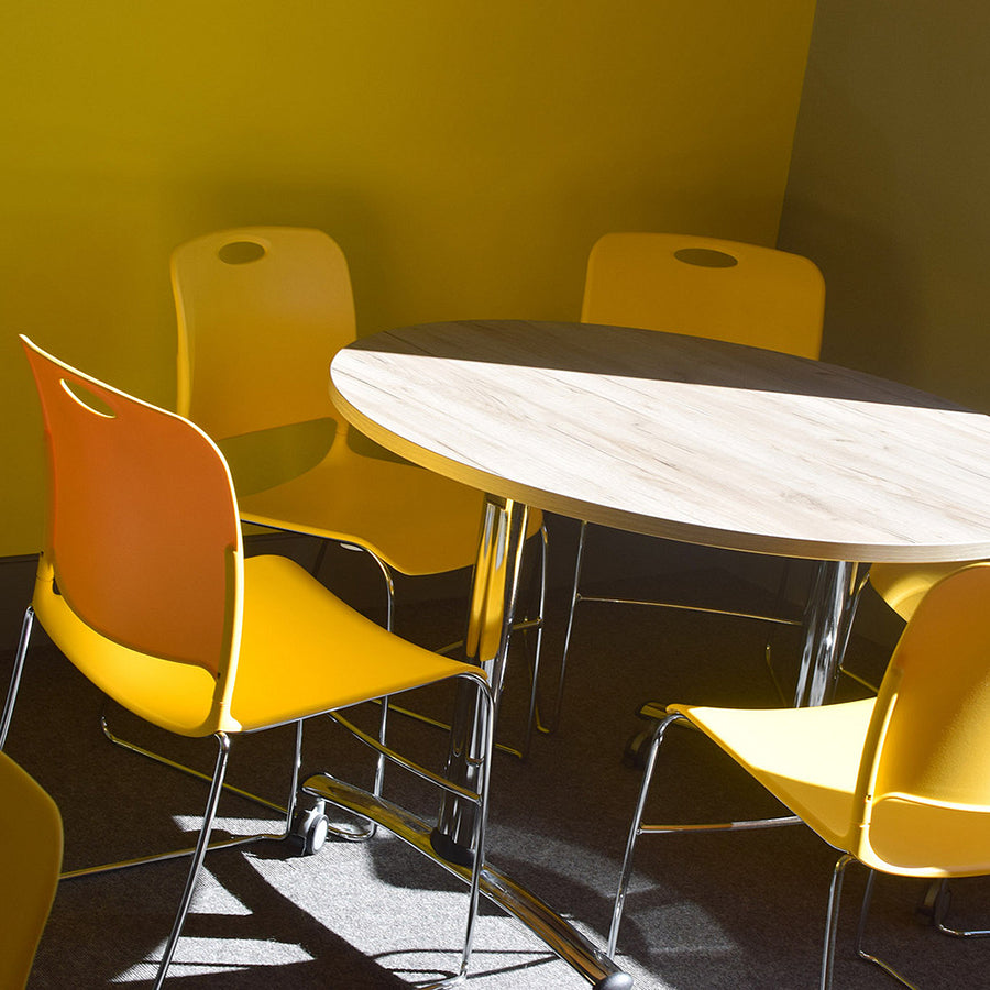Maestro High Density Chair Rubber Ducky Yellow Poly Seat and Chrome Metal Frame Lifestyle Image 4