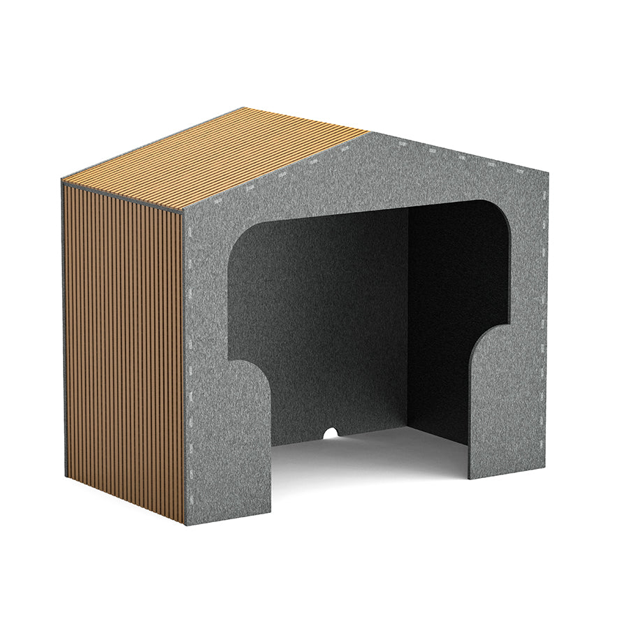 A PET hideaway hut with wood effect sides and roof, with a grey front, back and interior. Designed for private study or meeting area