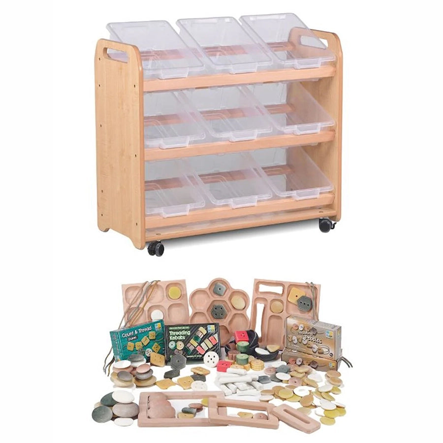 Tilt Tote Storage with 9 Clear Tubs or Baskets plus PT1146 Loose Parts Kit