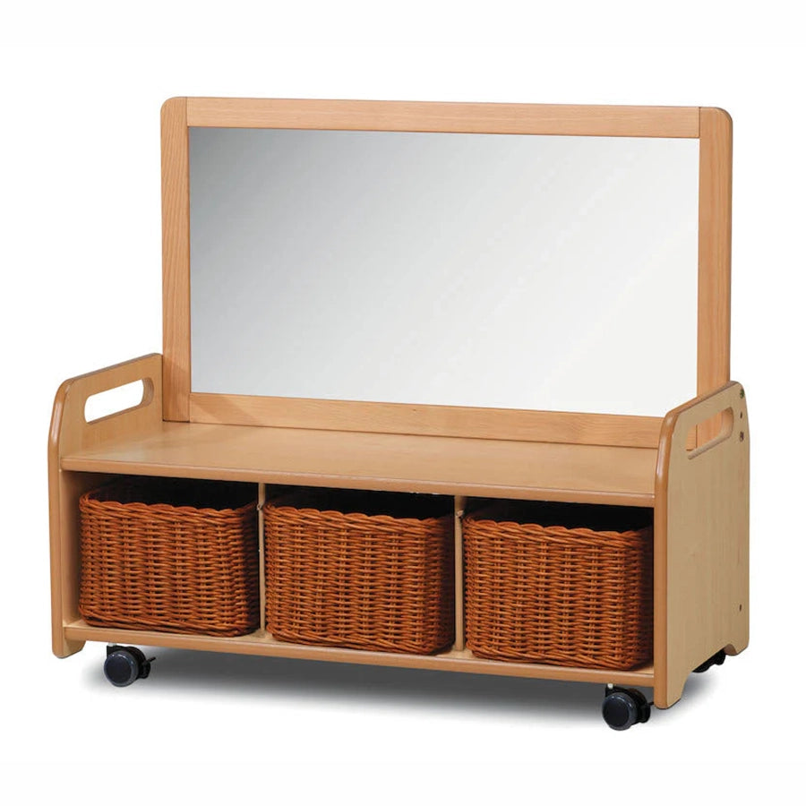 Mobile Low Mirror Storage Unit With 3 Clear Tubs or Baskets