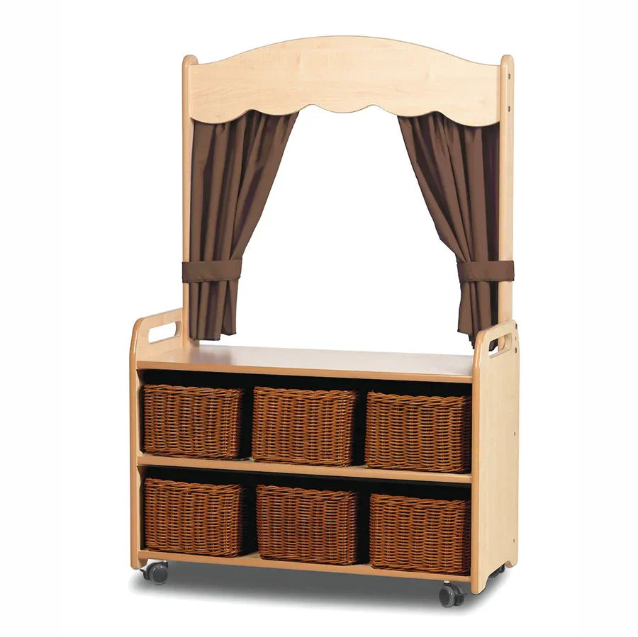 Mobile Tall Unit with Theatre Add-On with Curtains and Clear Tubs or Baskets