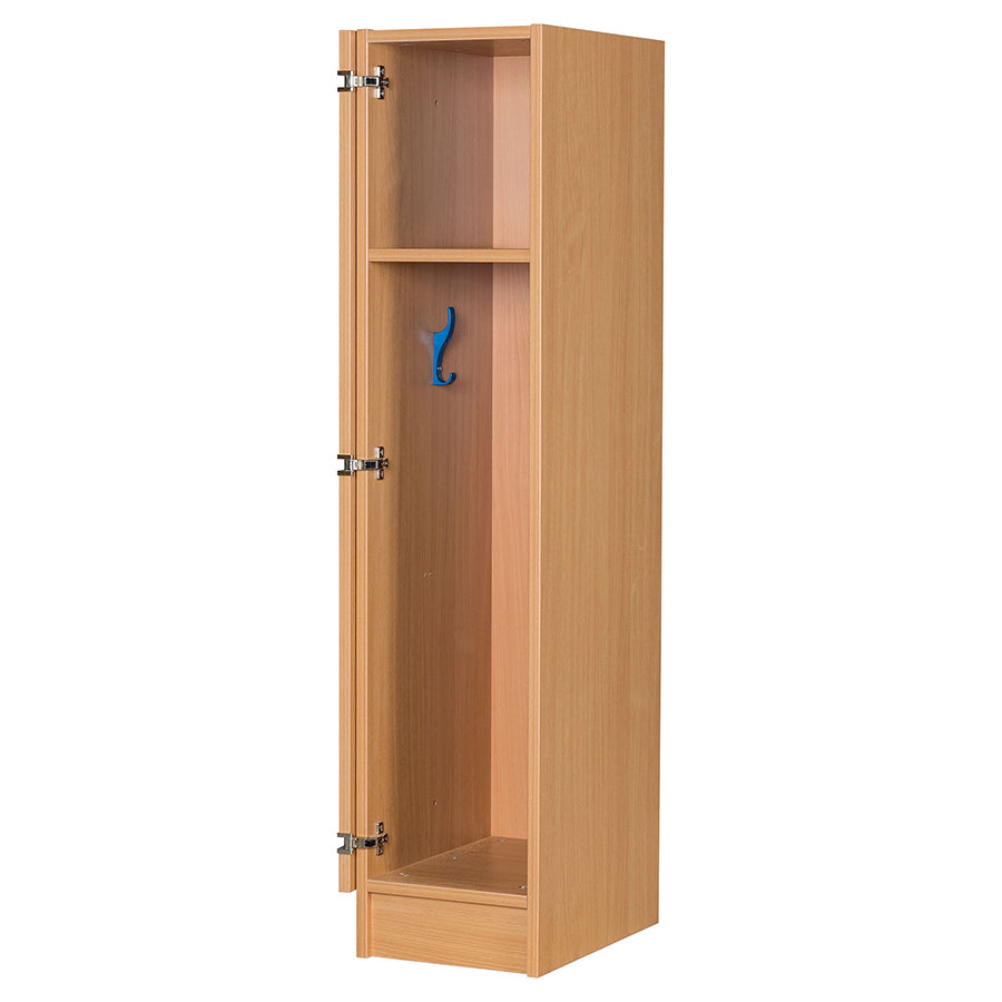 Primary Height One Door Premium Wooden Locker - H1370mm Flat Top open door on fold back hinges with one shelf and blue coat hook