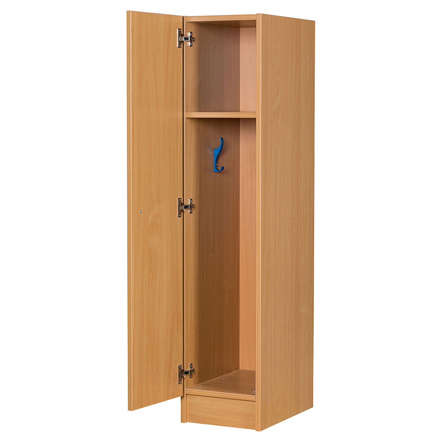 Primary Height One Door Premium Wooden Locker - H1370mm Flat Top open door with one shelf and blue coat hook