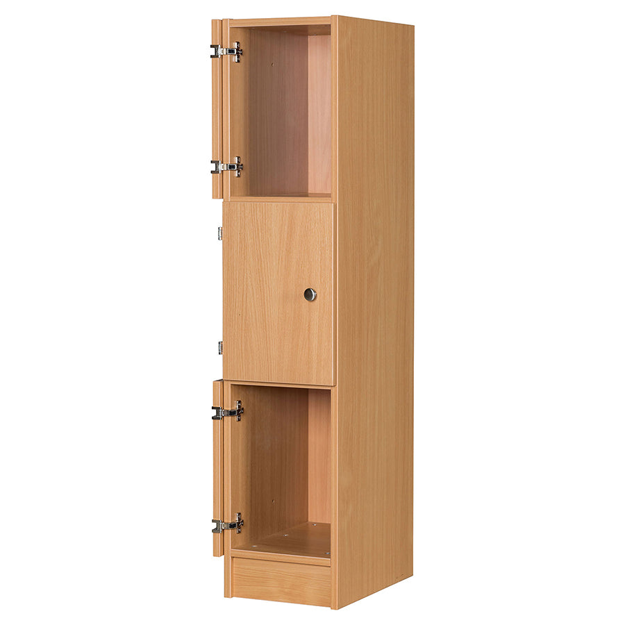 Primary Height Three Door Premium Wooden Locker - H1370mm Flat Top with knob handle and two open doors with fold back hinges 2