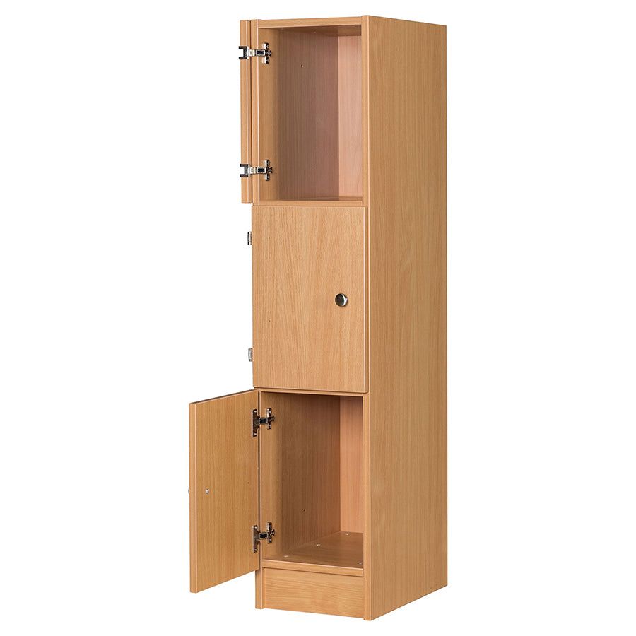 Primary Height Three Door Premium Wooden Locker - H1370mm Flat Top with knob handle and two open doors with fold back hinges