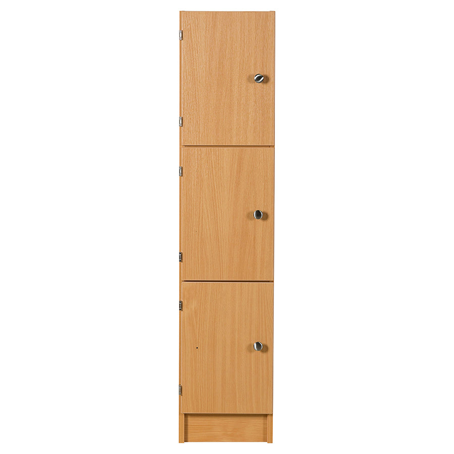 Primary Height Three Door Premium Wooden Locker - H1370mm Flat Top with knob handle front view