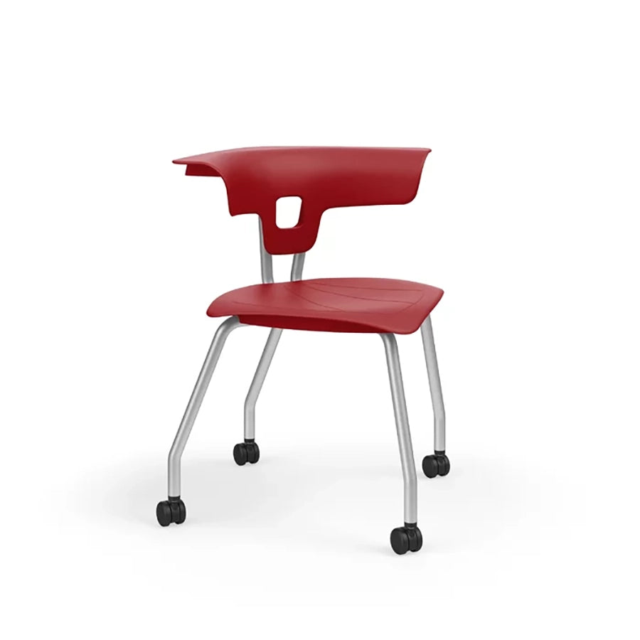 Ruckus 4 Leg Chair with castors chrome frame with poppy red seat and back 1