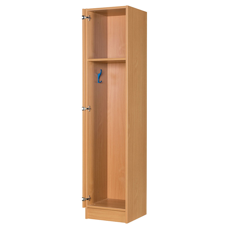 Secondary Height One Door Premium Wooden Locker - H1800mm Flat Top open door on fold back hinges with one shelf and blue coat hook