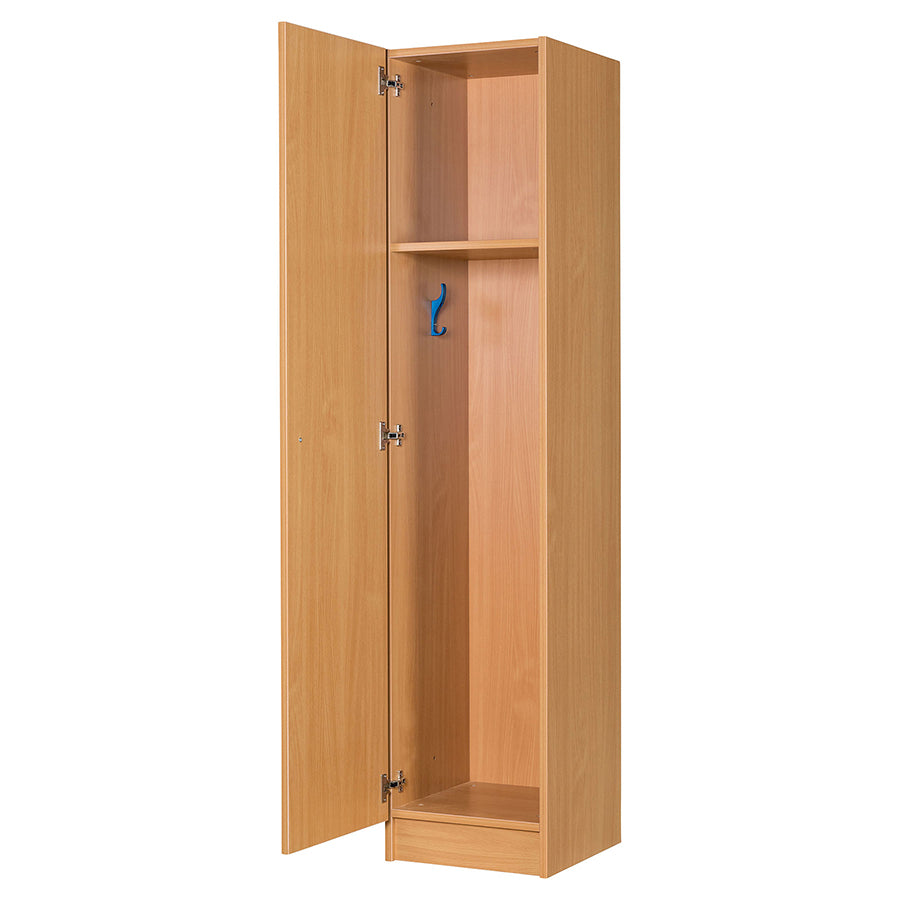 Secondary Height One Door Premium Wooden Locker - H1800mm Flat Top open door with one shelf and blue coat hook