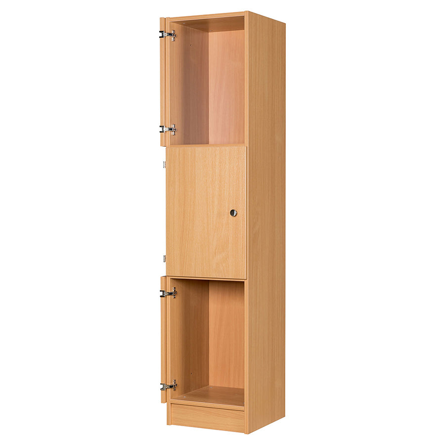 Secondary Height Three Door Premium Wooden Locker - H1800mm Flat Top with knob handle and two open doors with fold back hinges 2