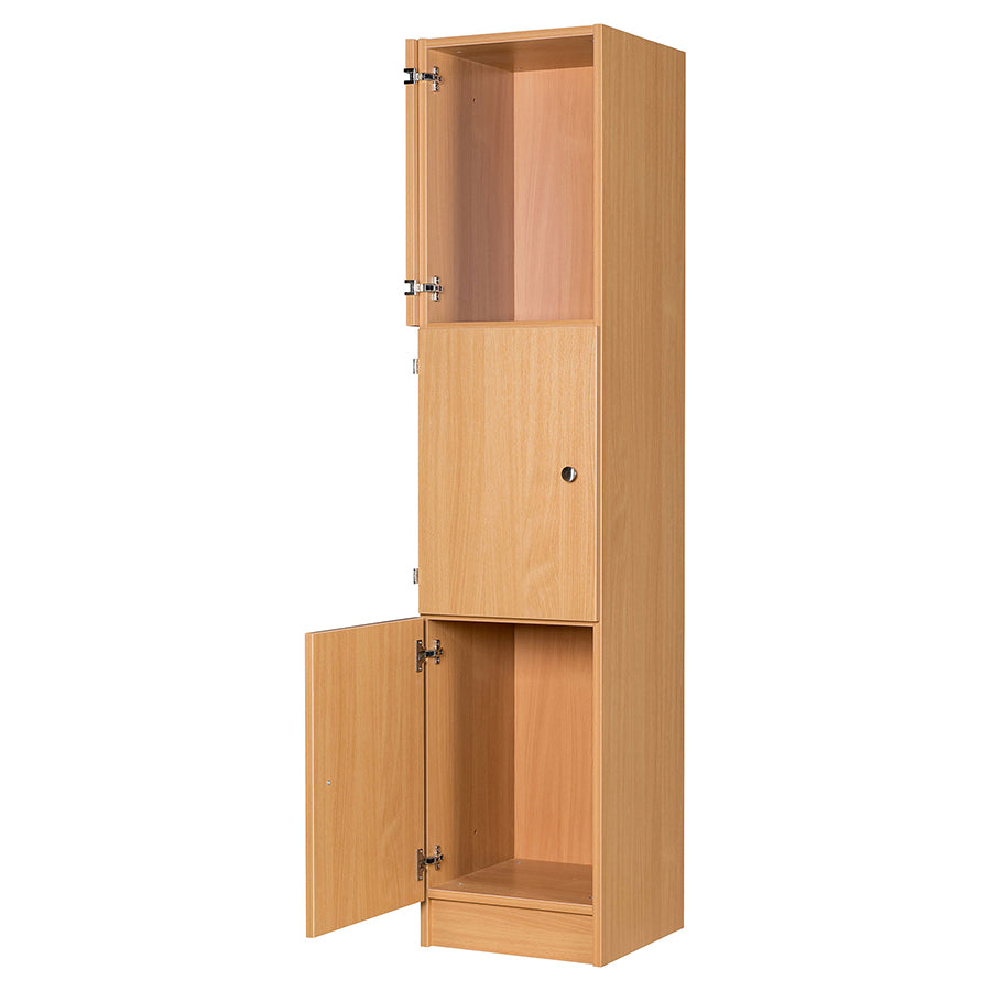Secondary Height Three Door Premium Wooden Locker - H1800mm Flat Top with knob handle and two open doors with fold back hinges