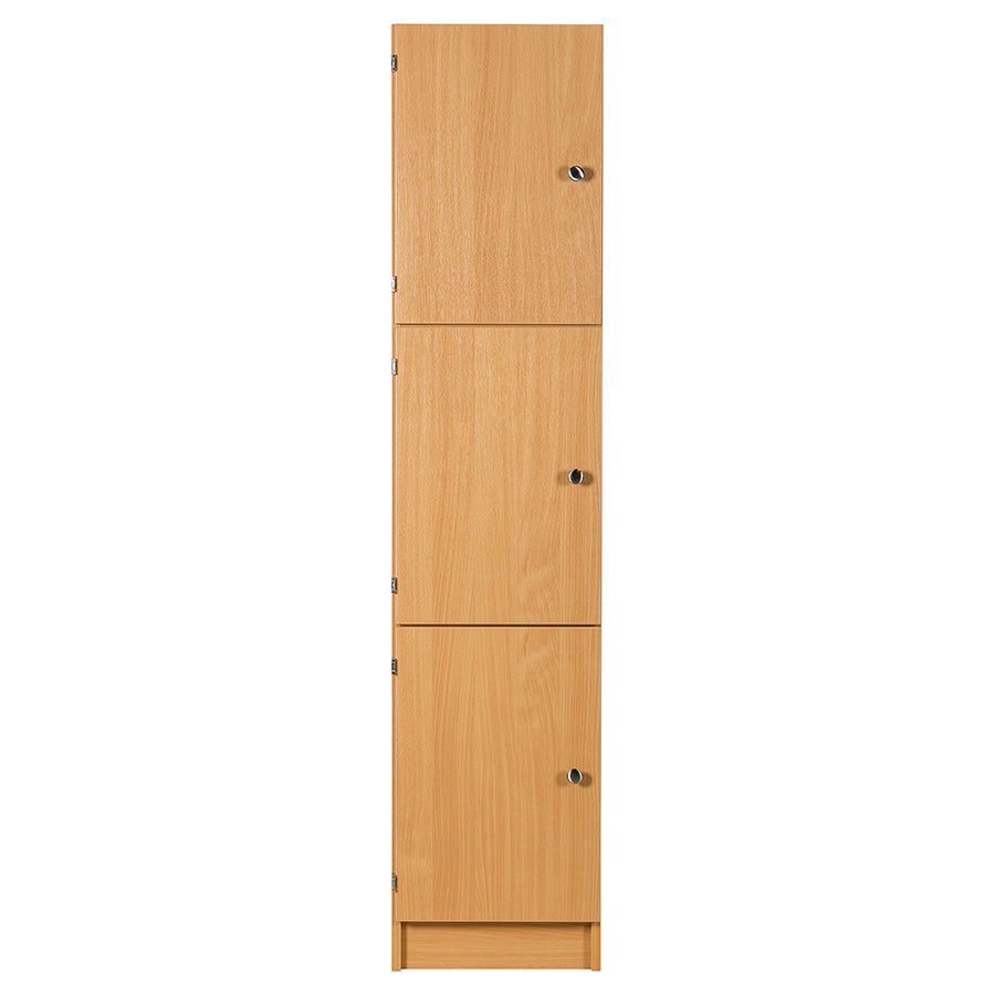 Secondary Height Three Door Premium Wooden Locker - H1800mm Flat Top with knob handle front view