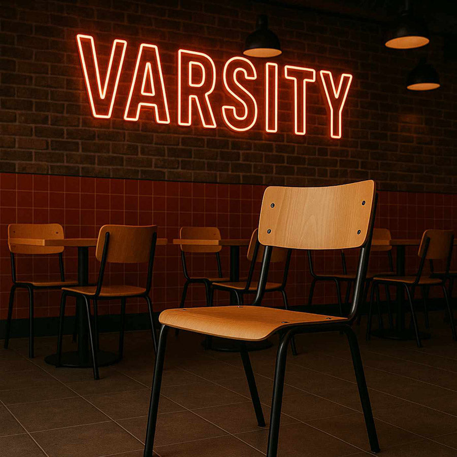 Neon 'Varsity' sign above wooden chairs in a dimly lit room.