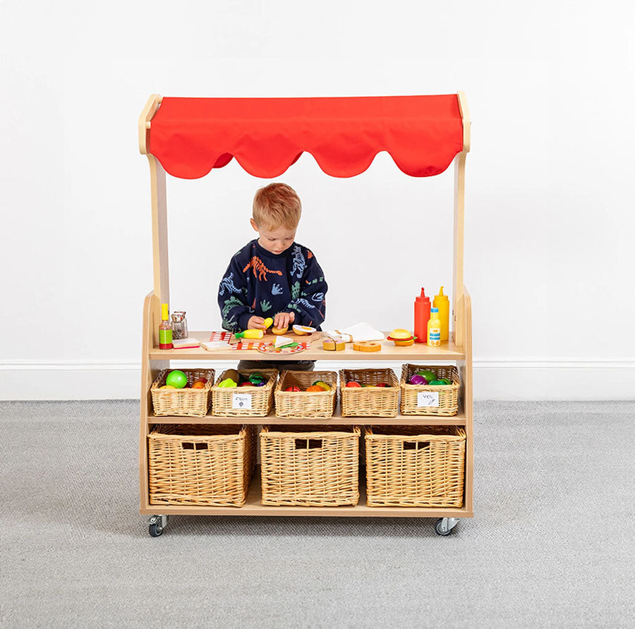 Willowbrook Two Tier Mobile Market Stall with Baskets and Props DFEC056B Childrens Role Play Furniture Lifestyle Image