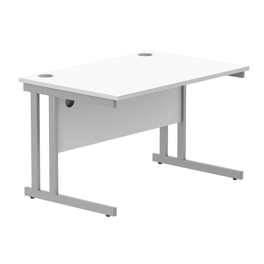 Workspace Now Rectangular Cantilever Desk White table top and silver frame 1400w x 800d