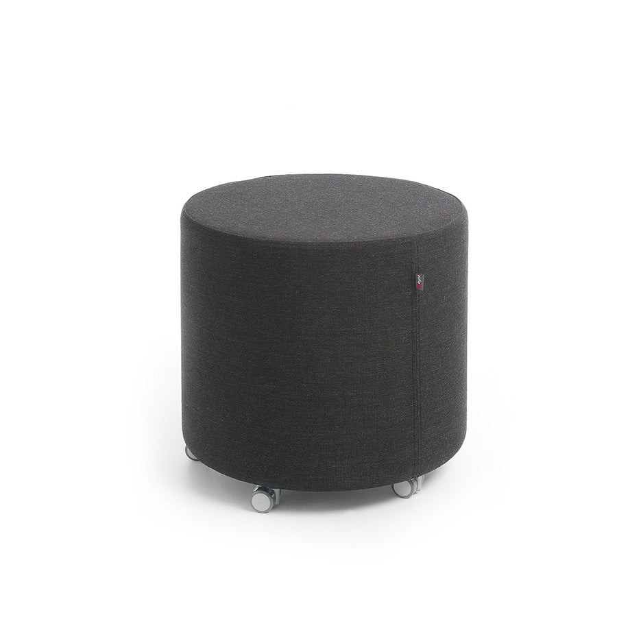 Black cylindrical Point ottoman with wheels on a white background
