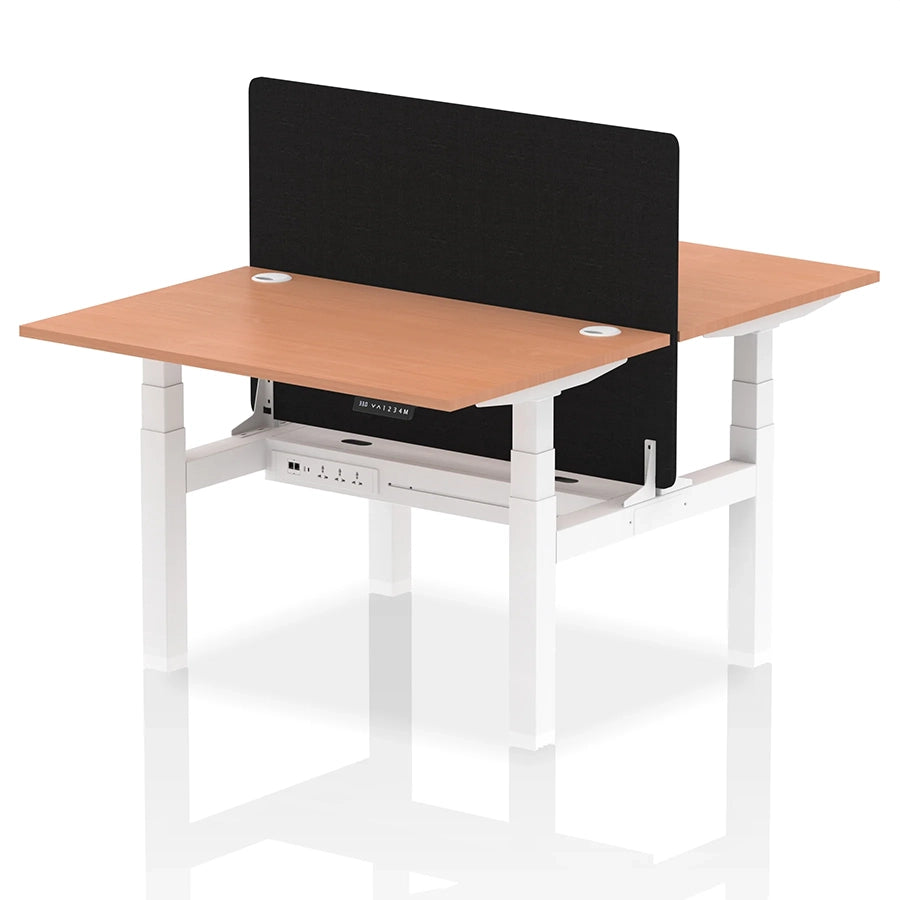 Air Back-to-Back Height Adjustable Bench Desk - 2 Person with Black Straight Screen W1200mm beech top and white frame