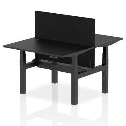Air Back-to-Back Height Adjustable Bench Desk - 2 Person with Black Straight Screen W1200mm black top and black frame