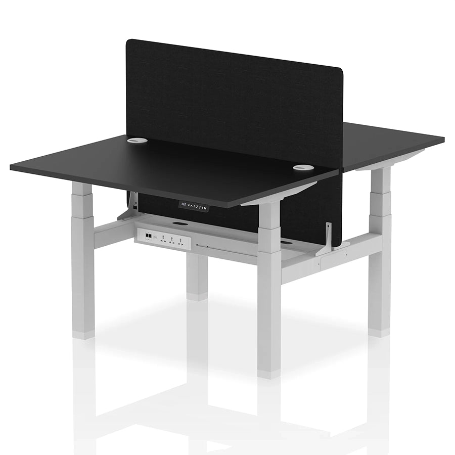 Air Back-to-Back Height Adjustable Bench Desk - 2 Person with Black Straight Screen W1200mm black top and silver frame
