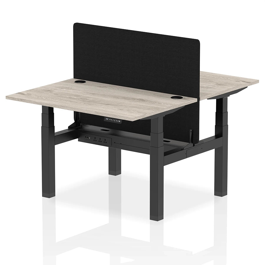 Air Back-to-Back Height Adjustable Bench Desk - 2 Person with Black Straight Screen W1200mm grey oak top and black frame