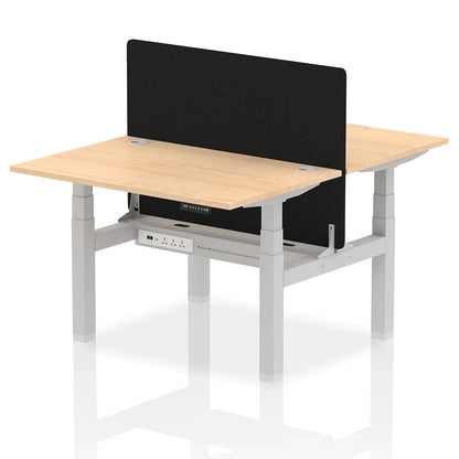 Air Back-to-Back Height Adjustable Bench Desk - 2 Person with Black Straight Screen W1200mm maple top and silver frame