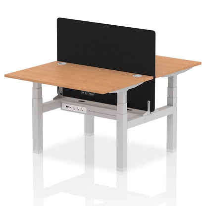 Air Back-to-Back Height Adjustable Bench Desk - 2 Person with Black Straight Screen W1200mm oak top and silver frame