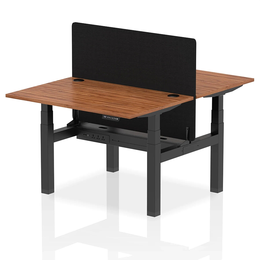 Air Back-to-Back Height Adjustable Bench Desk - 2 Person with Black Straight Screen W1200mm walnut top and black frame