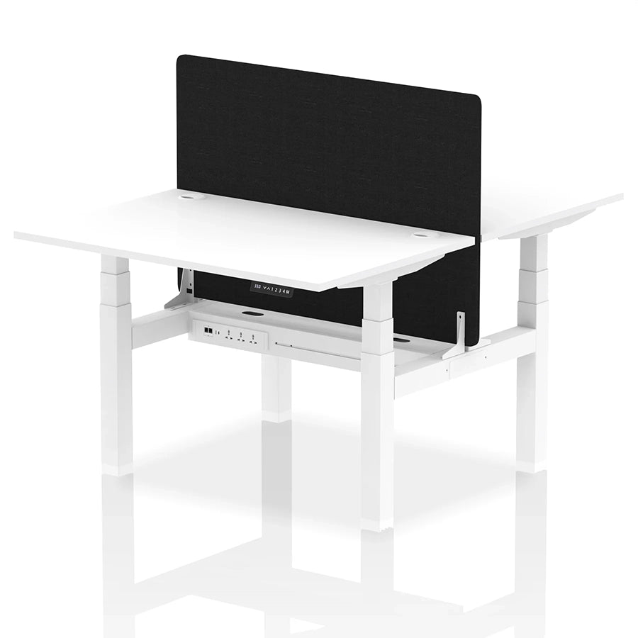 Air Back-to-Back Height Adjustable Bench Desk - 2 Person with Black Straight Screen W1200mm white top and white frame