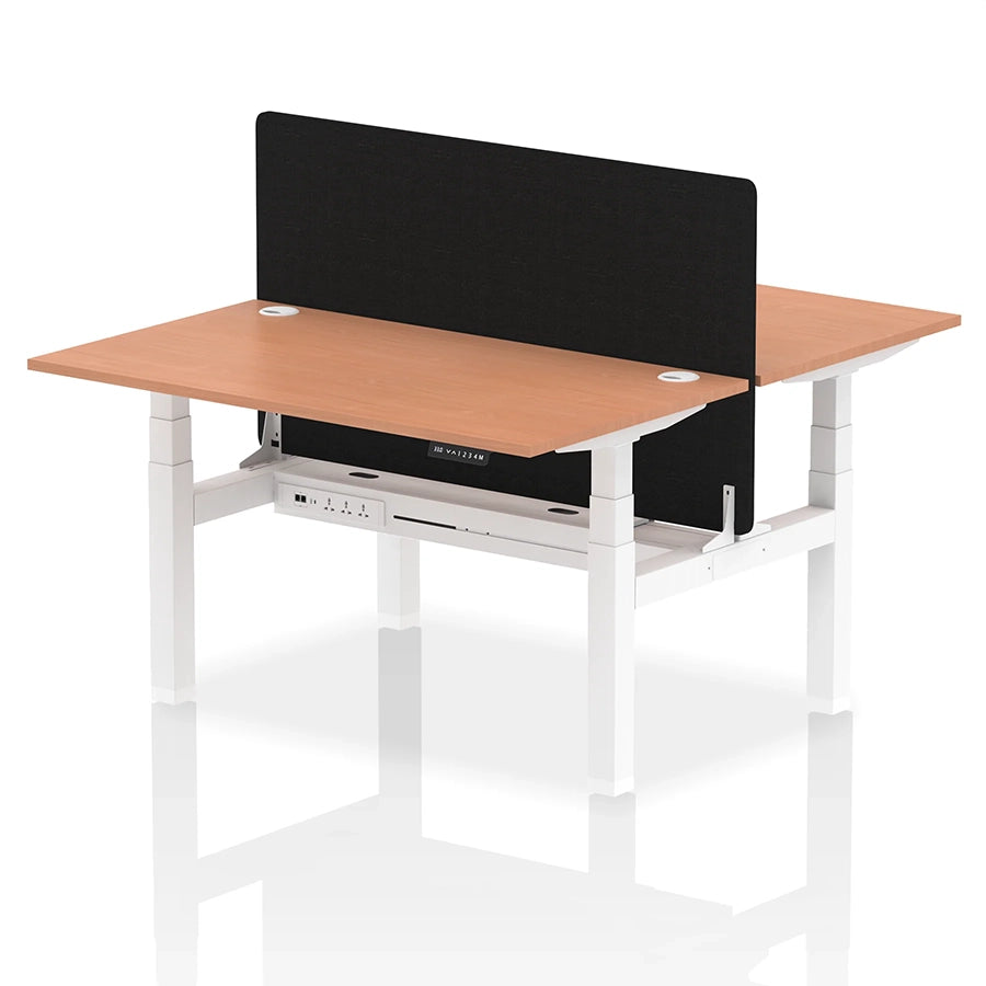 Air Back-to-Back Height Adjustable Bench Desk - 2 Person with Black Straight Screen W1400mm beech top and white frame