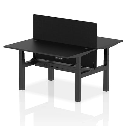 Air Back-to-Back Height Adjustable Bench Desk - 2 Person with Black Straight Screen W1400mm black top and black frame