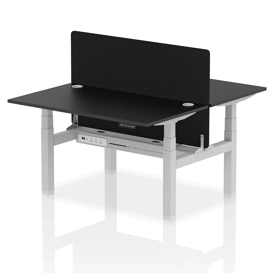 Air Back-to-Back Height Adjustable Bench Desk - 2 Person with Black Straight Screen W1400mm black top and silver frame