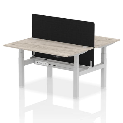 Air Back-to-Back Height Adjustable Bench Desk - 2 Person with Black Straight Screen W1400mm grey oak top and silver frame
